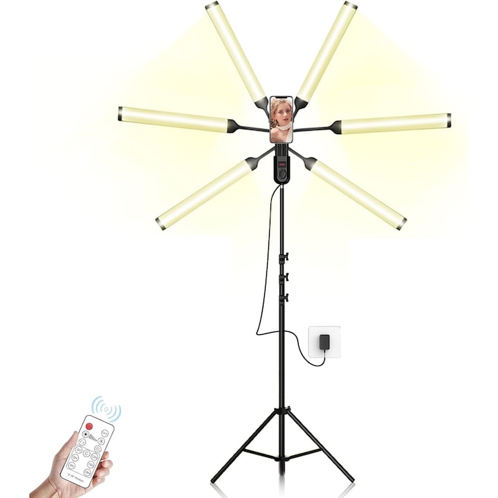 Lumina LED cu trepied WALALLA 63 inch 6 tuburi 3 moduri de iluminare 11 niveluri de intensitate temporizator 3-18 ore cu telecomanda pentru fotografie/makeup/transmisiuni live negru