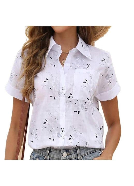 OEM - Women's white cotton short-sleeve floral print shirt - 12 interest-free installments