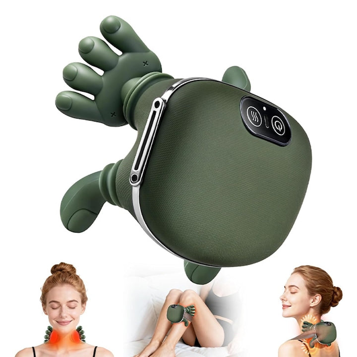 Aparat de masaj cervical pentru gat si umeri 4D Omelivon Functie Incalzire 3 niveluri de intensitate Fara fir Masaj tip mana umana Acumulator 2000 mAh Relaxare si dureri musculare ManifestAct profesional Verde