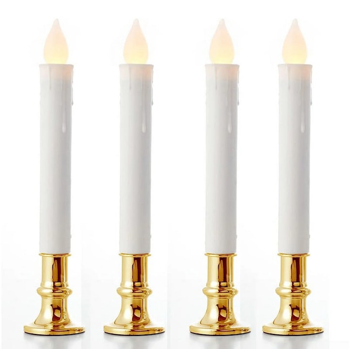 YANYXR BCS3089351 Flameless LED Candles with Flickering Effect and White Holder, Warm Light, Set of 4, 24.5 cm Height, Integrated Button Battery