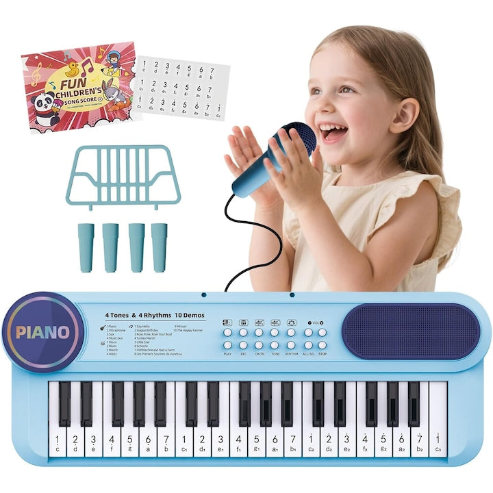 WALALLA Kids Electronic Piano Set, 37 Keys, Microphone, Multiple Functions, Blue