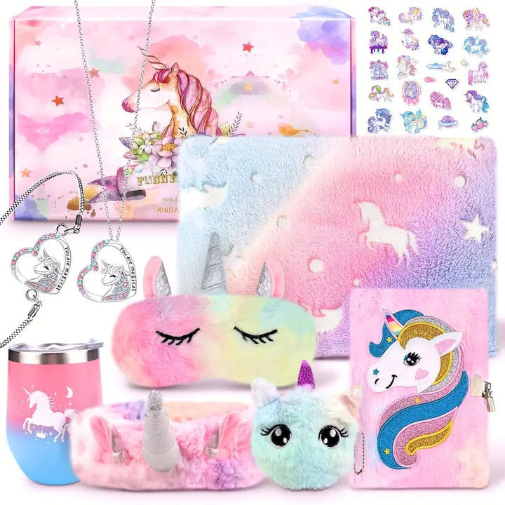 Set Cadou Fetite 10 piese LINAYE Päturǎ strälucitoare unicorn Marca ochiului Cana termo Marca ochiului Jumal pufos cu Lock Posetǎ drǎgutǎ Bandǎ pentru cap Coliere Bratari Frumoase autocolante O cutie cadou pentru fete de 4 5 6 7 8 ani