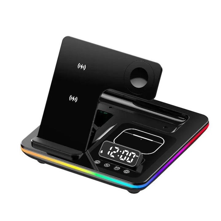 Wireless Charging Station for Smartphone, Smartwatch, AirPods/Pro, Headphones, 5-in-1, Qi Super Fast Charge 25W, Automatic Foldable Design, Adjustable RGB Ambient LED, Alarm/Clock, MagSafe, Black