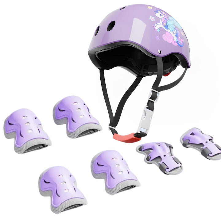 Set of 7 Children's Protective Gear Unicorn Print Helmet/Kneepads/Elbow Pads/Wrist Guards Adjustable 48-56 head circumference 2-14 years EPS/EVA For Cycling Rollerblading Skateboarding Roller skating