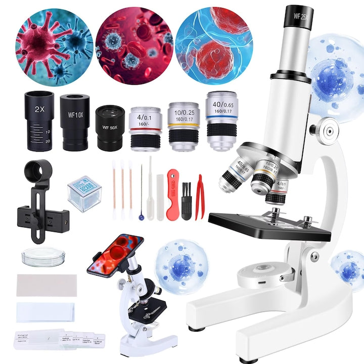 Microscop pentru adulti si copii microscop compus de marire 40-2000X cu lame de microscop cu lumina de umplere potrivit pentru copii studenti acasa scoala laborator kit de microscop WALALLA alb