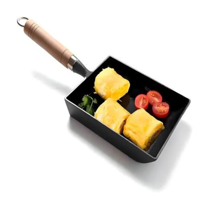 Japanese omelette pan, cast iron, wooden handle, black, 18x15x3cm