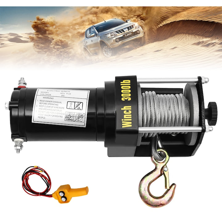 Troliu electric Piduules 2000 lbs telecomandă frânghie din oțel 8m 12V negru