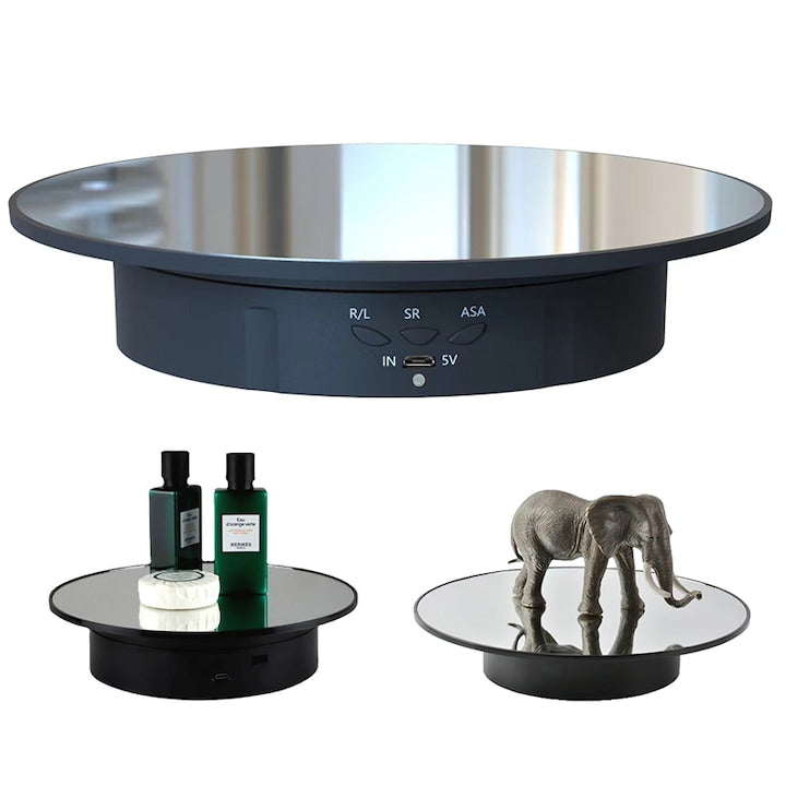 ZOUN Electric Rotating Display Stand, Adjustable Speed, Multiple Rotation Modes, Mirror Finish, USB/18650 Battery Powered, 8 kg Max Load Capacity, Black