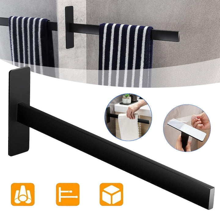 304 Stainless Steel Self-Adhesive Towel Bar for Bathroom and Kitchen, 38 cm, No Drilling and Easy Installation, Black Wall-Mounted Towel Rack for Bathroom, Kitchen, Toilet