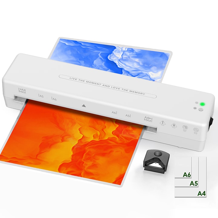 Set laminator A4 incalzire rapida zgomot scazut cu 15 foi laminare A4/A5/A6 alb
