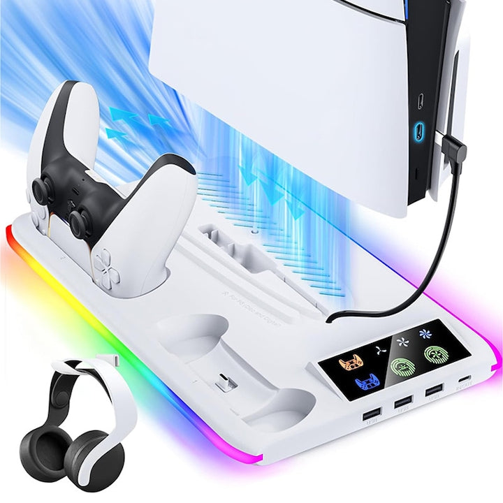 Statie racire incarcare PS5 Rqiurpn Incarcare dubla controllere Ventilator 3 Viteze Suport casti Afisaj LED 3 porturi USB Usor de utilizat Pentru PS5/PS5 Slim/Pro Alb