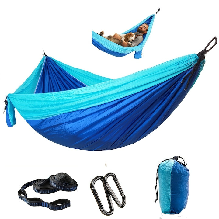 Double Hammock Camping Hammock with Storage Bags, Soft and Comfortable, Ultralight, Great for Camping, Straps and Carabiners, Adventure 300x200 cm, Blue