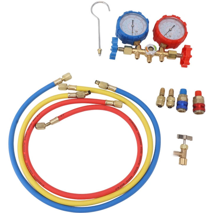 Air Conditioning Pressure Gauge 3-Way Set with Hoses 500 PSI Red-Blue-Yellow 3x0.9m
