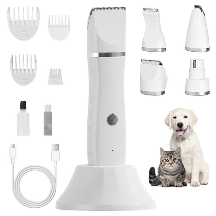 Masina de Tuns Animale Omelivon Caini Pisici Silentioasa 4 Capete Pentru Locurile Greu Accesibile Urechi Labute si un Capat Pentrus Pilirea Unghiilor 2000RPM Usor de Utilizat de Catre incepatori Impermeabil Wireless Alb