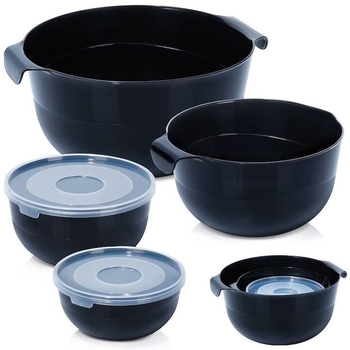 Set De Boluri De Bucatarie Vilde 14.5x7x16.5x9x21.5x19.5x11x28x24.5x13.5 cm Fabricate Din Plastic Rezistente La Temperaturi Scazute Si Ridicate Pot Fi Spalate In Masina De Spalat Vase Si Utilizate In Congelator Boluri Mai Mici Cu Capace Negre
