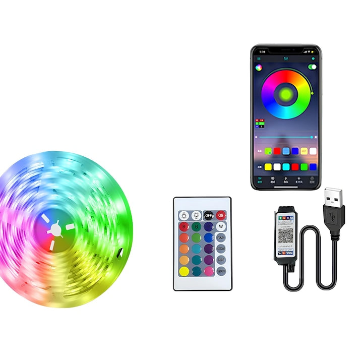 2M LED Strip Kit, Adhesive, 24-Button Remote Control, Mobile App, RGB, USB Powered