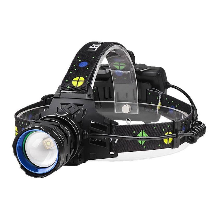 Lanterna frontala LED Omelivon lampa de cap reincarcabila 4800 mAh USB-C incarcare rapida 5 moduri si zoom spot-flood IPX7 negru
