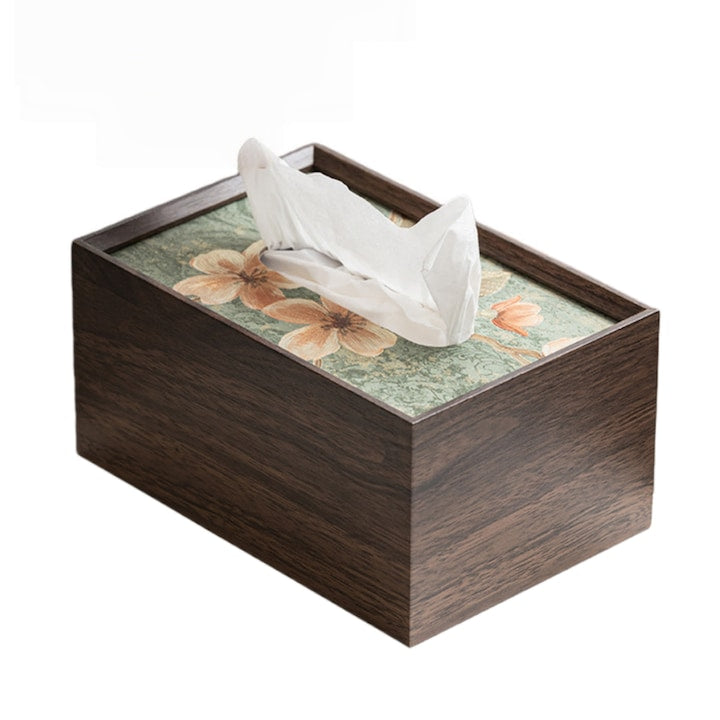 Tissue Box Fantasy 19.7*12.7*9.4cm Made of wood Large capacity, can be used as a storage box. The surface features a floral print, and the edges are finished with a walnut wood texture.