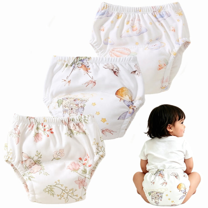 Set de 3 Chiloti de antrenament pentru olita Reutilizabili 100% Bumbac Cu strat antiscurgere Puternic absorbanti Albi cu imprimeuri dragute L(12-18kg)