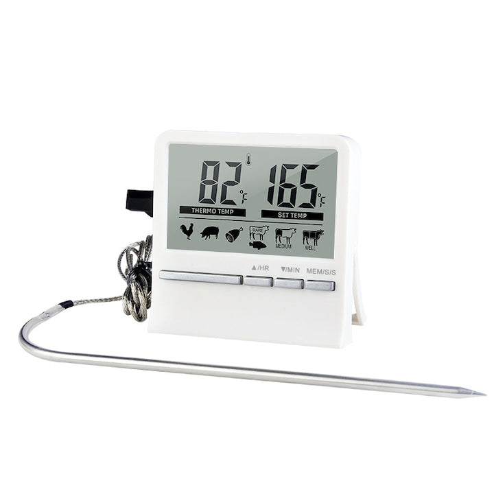 Digital Cooking Thermometer with 304 Stainless Steel Probe, Large LCD, Preset Rare/Medium/Well Meat Settings and Alarm, Timer, C/F Conversion, 0-250C Range, for Roasts, BBQ, Oven, Kitchen, 7.3x7.3 cm, White
