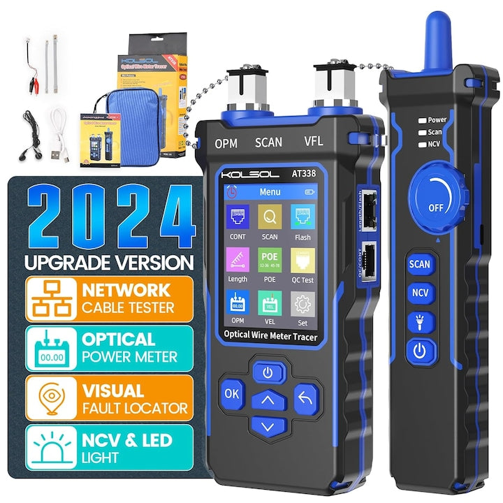 Tester cablu retea multifunctional Detector defectiuni fibra optica UTP/STP CAT5/CAT6 RJ45/SC Port flash Test PoE OPM VFL Short/Pass QC NCV Wiremap Masoara lungime cablu Precizie inalta 2 moduri scanare 1500mAh USB-C