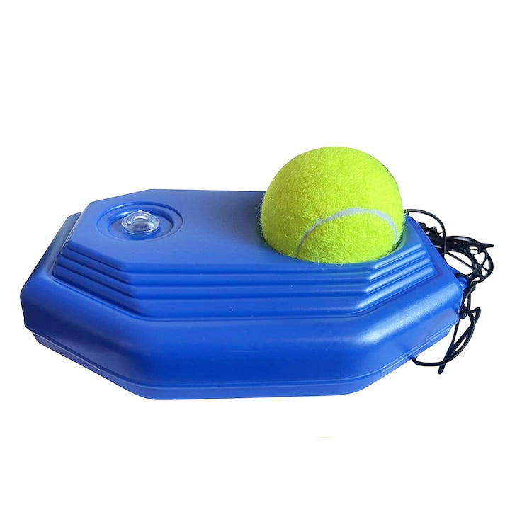 Tennis ball with elastic for individual training, base filled with water or sand, blue