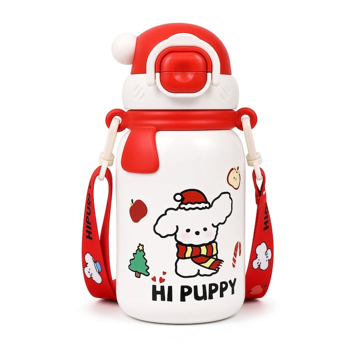 Sticla Termos pentru Copii 530 ml Inox 316 Dubla Deschidere Cu Curea de Umar Blocare de Siguranta Anti-Scurgere Model Catel Cartoon Alb si Rosu