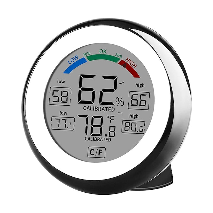 Thermometer and hygrometer Rqiurpn Temperature and humidity monitoring 15s reading Touch control With LCD screen Wall/Magnetic/Stand mount For indoor and outdoor Black