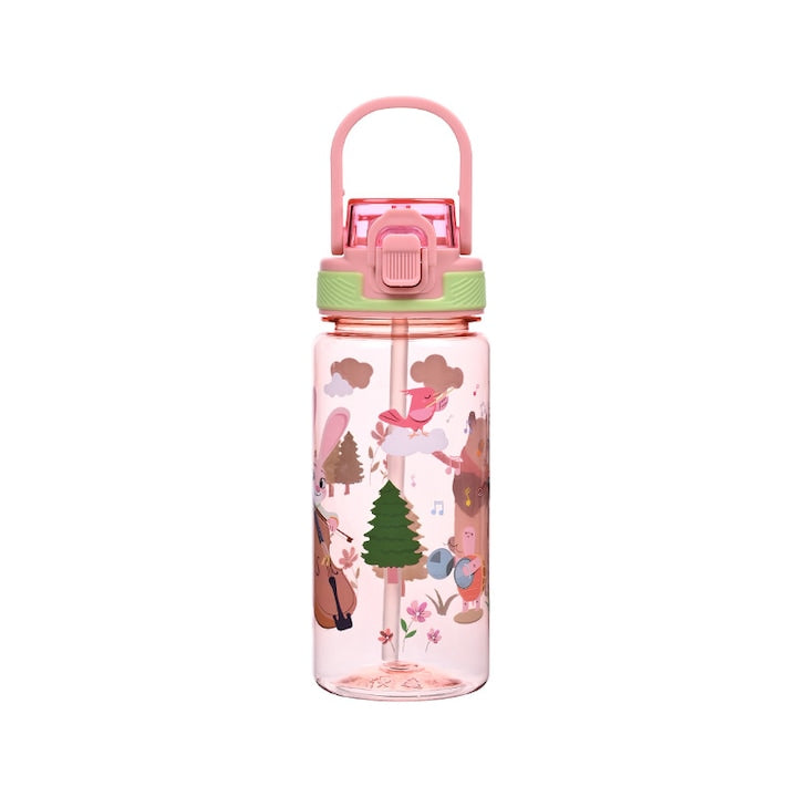 Sticla de Apa pentru Copii Fara BPA Capac One-Touch cu Blocaj Maner Integrat Mustiuc Silicon Moale Anti-Curgere Design Cartoon Padure Roz 600ml