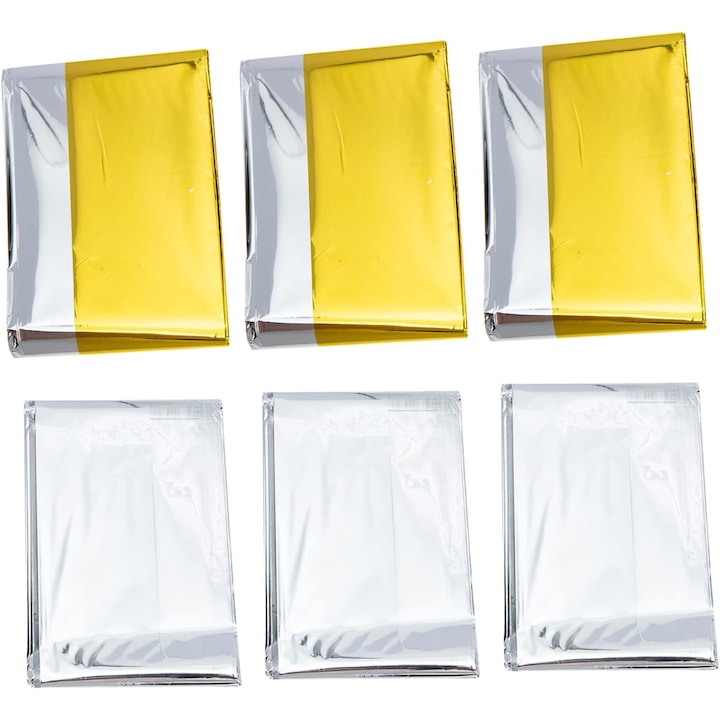 Set 6 patura de urgenta camping supravietuire impermeabila si rezistenta la vant 210 x140 cm reutilizabile Argintie /Aurie