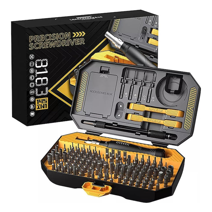 Precision screwdriver set for electronics repair, 145 pcs, Steel, Black/Yellow