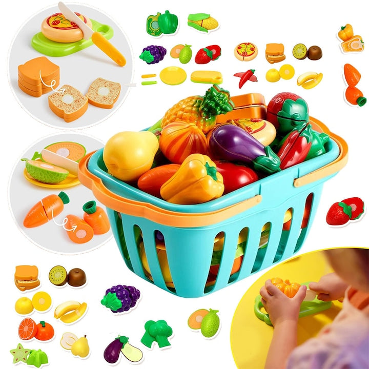 71-Piece Pretend Food Play Set for Kids' Kitchen, Plastic Fruits and Vegetables with Storage Basket, Mini Plates and Knife, Educational Toys, Gift for Toddlers