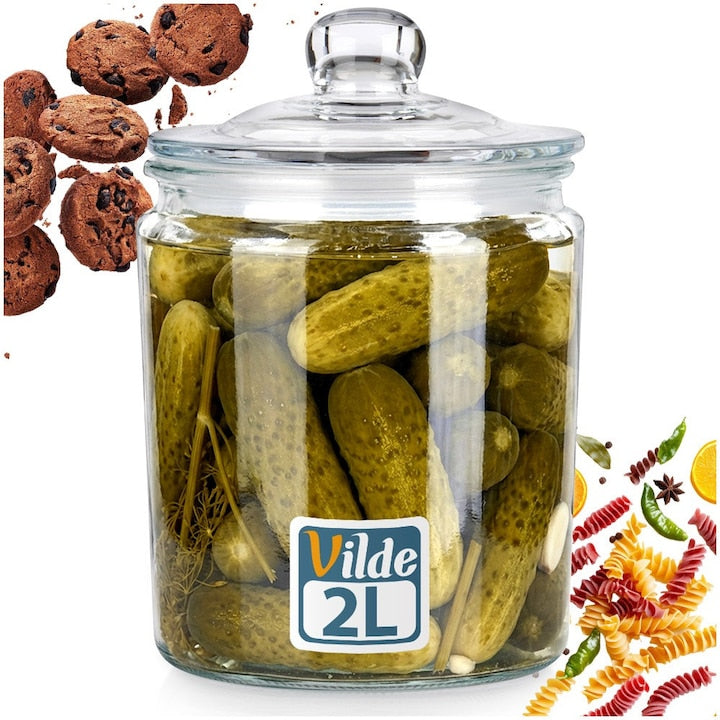 Borcan Din Sticla Cu Capac Vilde Clasic 14x14x21 cm 2 L Transparent Sticla Groasa Garnitura Din Silicon Pentru Inchidere Etansa Recipient Ideal Pentru Muraturi Alimente Zahar Cafea Si Depozitare In Bucatarie