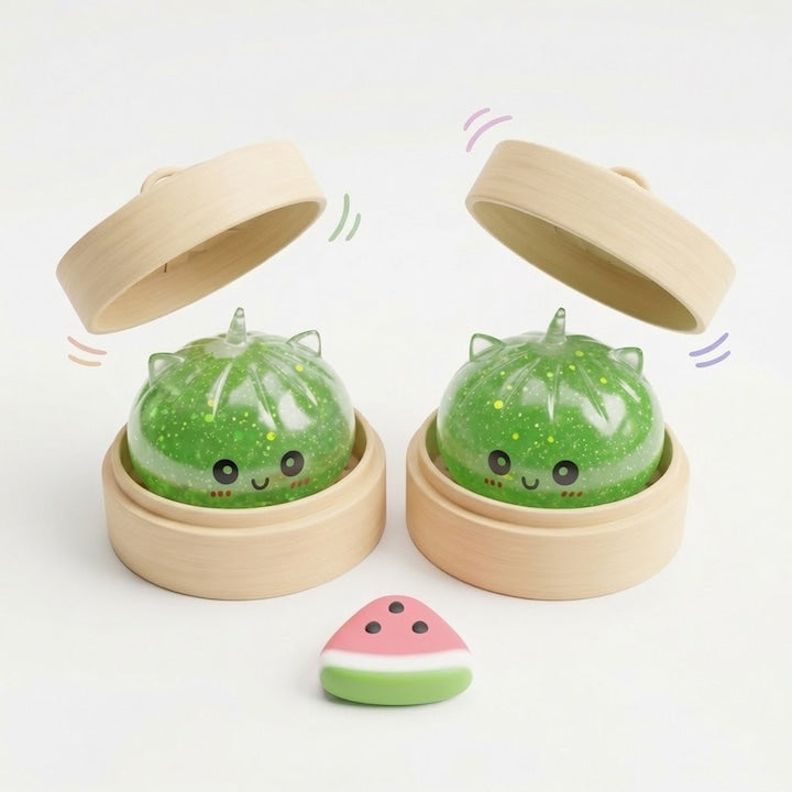 Set 3 Bucati Galuste Squishy Jucarie Senzoriala Antistres cu Cosulet Bambus Rebound Lent Soft Squishy Watermelon Stress Relief Toy verde Model cu sclipici