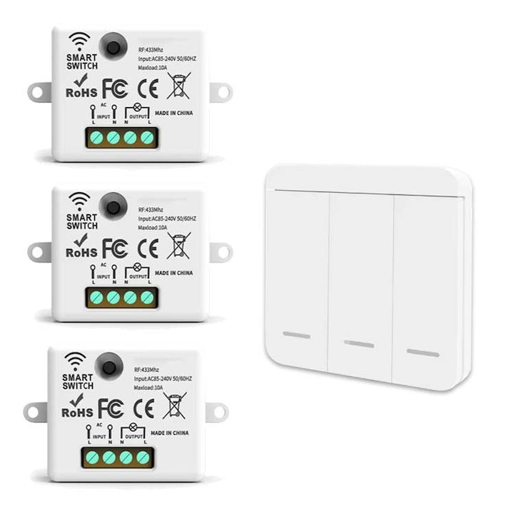 Intrerupator wireless Generic ZOUN, Emitator RF + Receptor 1 emitator cu 3 butoane si 3 receptori 20m-50m 10A 250V pentru casa birou garaj alb