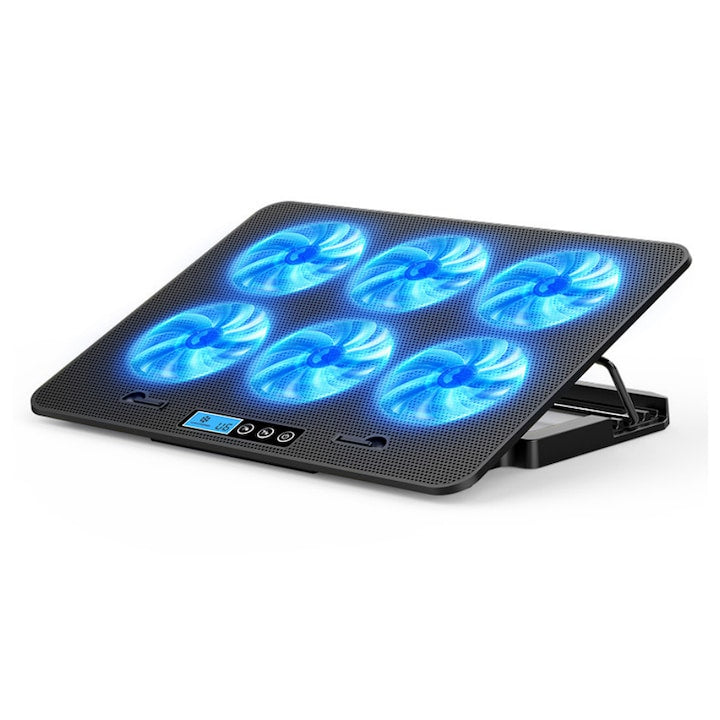 Suport pentru laptop Fantasy 6 ventilatoare cu viteza reglabila ecran LCD 2 porturi USB 377x282x31mm compatibil cu laptop-uri de pana la 18inch 2400-3500 RPM Reglare inaltime pe cinci niveluri Functionare silentioasa racire rapida
