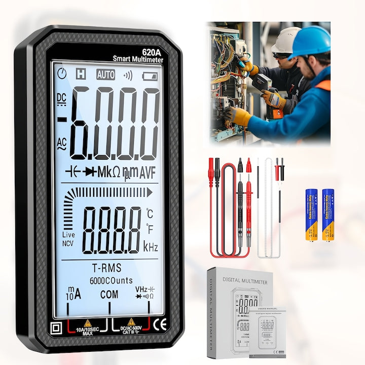Wacorresi Digital Multimeter Measures DC/AC Current Auto-Ranging Temperature Capacitance Continuity Diode Resistance Frequency Test NCV 4.77 inch Screen Black