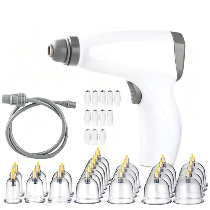 Set 24 Ventuze Masaj Omelivon Aparat Portabil Electric Pentru Terapie cu Ventuzes Vacuum Fara Foc cu Pompa Functie Terapeutica Relaxarea Muschilo Stimuleaza Colagenul Imbunatateste Circulatia Ideale pentru Terapies la Domiciliu Transparente