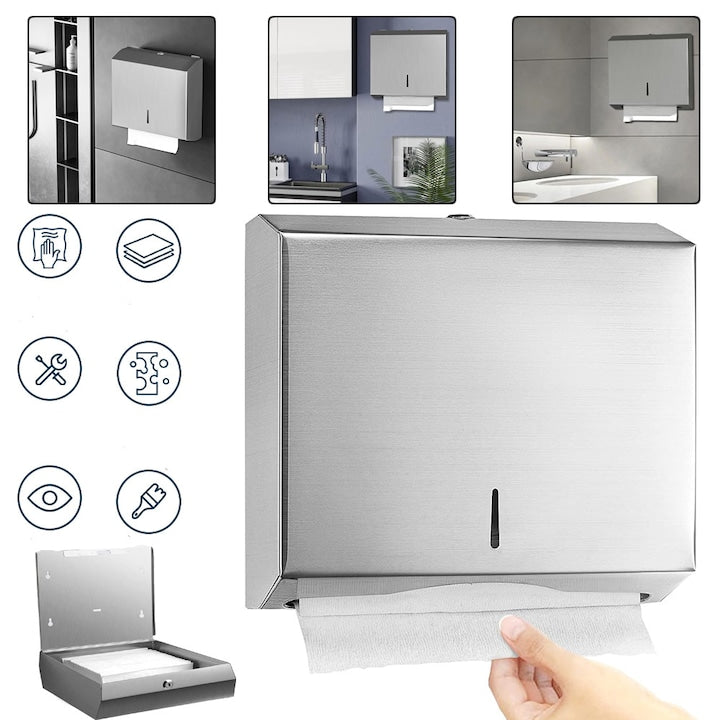Wall Mounted Stainless Steel Paper Towel Dispenser with Lock for Bathrooms and Public Places, Napkin Holder for 250 to 400 Paper Towels