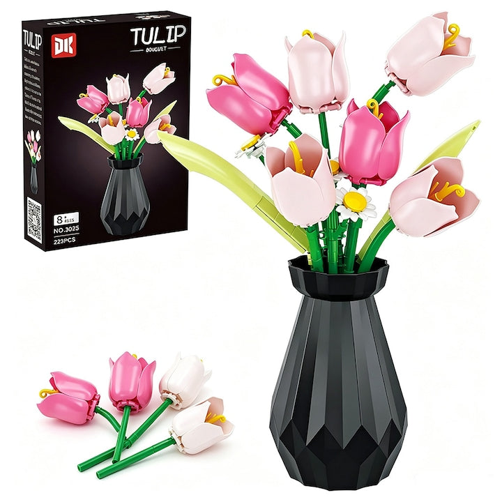 Set de Constructie Buchet de Lalele cu Vaza Blocuri Creative 223 Piese 6 Lalele 21.6x31 cm Cadou Elegant