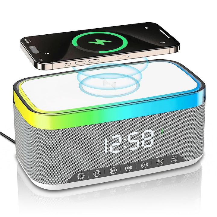 Bluetooth Speaker with Wireless Charging and Digital Clock, LED Display, 15W Qi Charging Station, 2 x 10W Speakers, 6 Ambient Lights, BT5.3/AUX/TF/USB, for Home, Nightstand, Travel, Birthday Gift, WALALLA, White