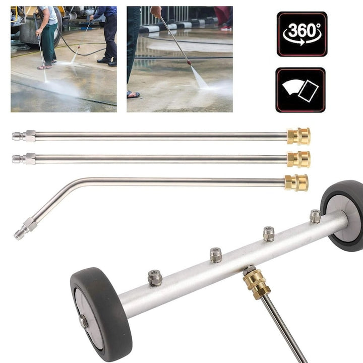 2-in-1 High-Pressure Washer Undercarriage Cleaner Water Broom 16-Inch Surface Cleaner Attachment with 4 Nozzles and 3 Extension Wands for Driveways, Patios, Sidewalks