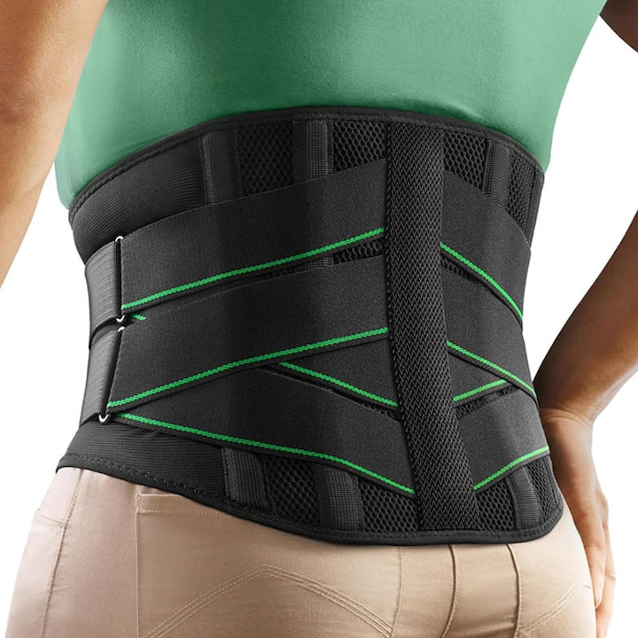 Suport ortopedic pentru spate Omelivon cu 7 bare metalice pentru dureri lombare sciatica disc herniat culoare neagra dimensiune ajustabila