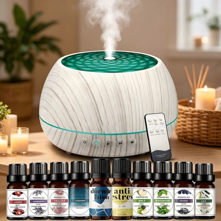 Difuzor Aromaterapie Difuzor de ulei Esential 7 culori LED cu difuzor Bluetooth Control Prin Telecomanda Capacitate 1000ml Silentios Umidificator cu Ultrasunete Granuri albe de lemn