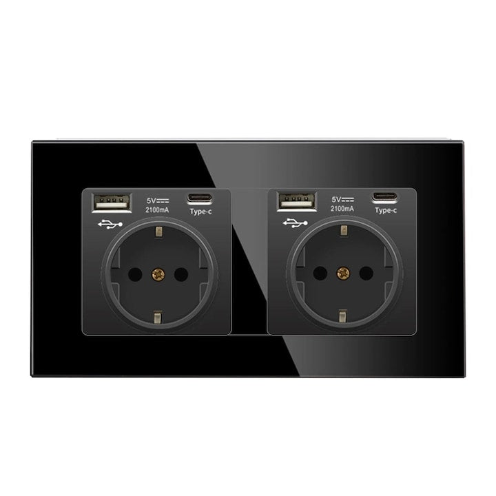 Priza Electrica Dubla cu Rama din Sticla 2 Porturi USB-A si 2 Porturi USB-C 5V 2A Durabila Rezistenta la Zgarieturi OUYLAF Negru