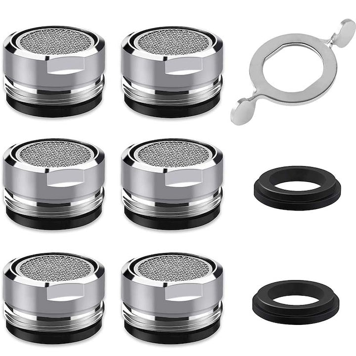 6-piece Faucet Aerator Set with Key and Gasket, Water Saving up to 50%, Water Flow 12-15L/min, Filtering Function, Stainless Steel/ABS, Silver