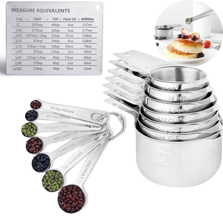 Set 14 ustensile pentru bucatarie cu 7 linguri de masurat si 6 cupe de masurat tabel pentru masurare cu suport magnetic otel inoxidabil