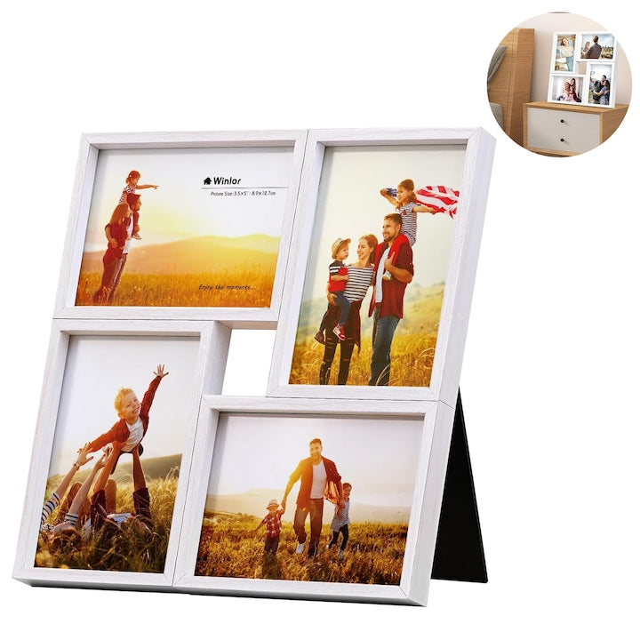 Rama foto rotativa Rama foto de perete poate gazdui 4 fotografii de 6 inch material de inalta calitate sticla transparenta potrivita pentru birou si sufragerie magazin restaurant etc. 28x28x3cm alb