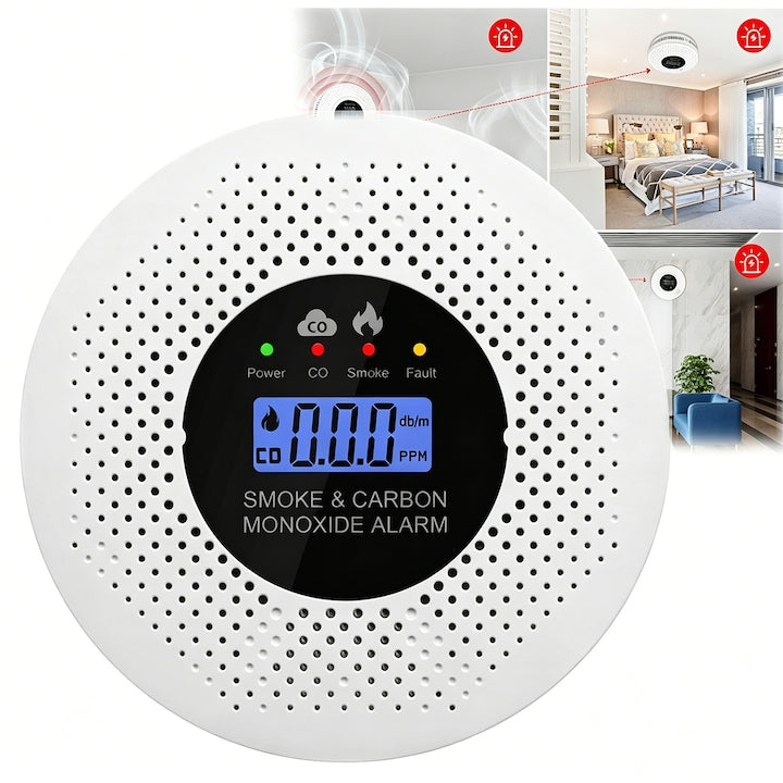 Detector Monoxid Carbon si Fum SANSES 2 in 1 Afisaj LCD Digital Senzor Fotoelectric si Electrochimic Buton Test Avertizare Sonora Avertizare Vizuala Protectie Completa Locuinta Alimentare Baterii Alb