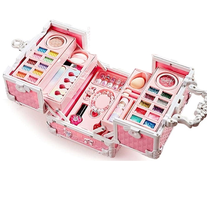 Trusa de machiaj pentru copii Set Make-Up Simply Joy cu 47 de elemente pentru make-up rujuri farduri oja Design inedit geanta cu maner pentru transport pentru fetite de 3 4 5 6 7 8 9 ani